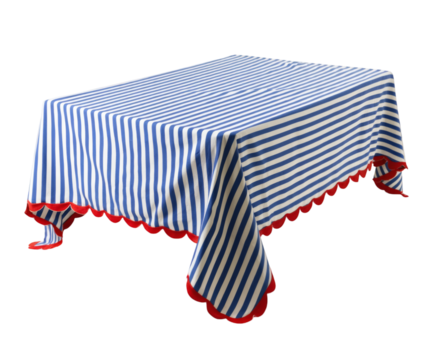 Stylish Blue and White Striped Tablecloth with Red Scalloped Edge Perfect for Summer Gatherings and Festive Occasions