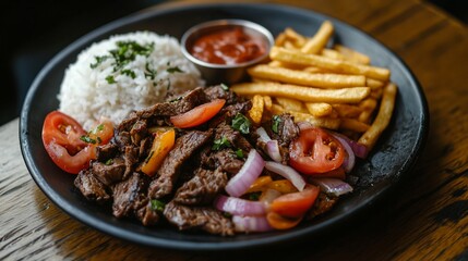 Tasty dish featuring meat, rice, fries, red onions and tomato slices