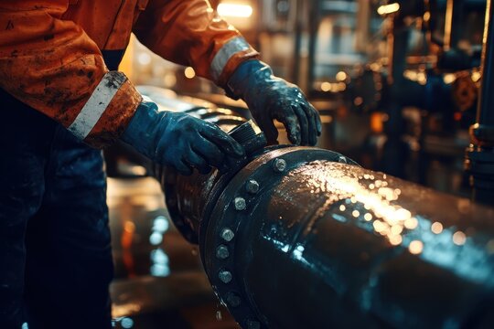 Worker Repairing Industrial Pipe in Refined Oil and Gas Facility