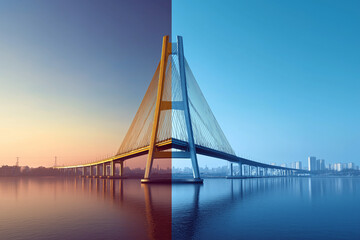 Obraz premium A bridge connecting two nations with a clear visual split in architectural styles, unity vs contrast, early morning light.