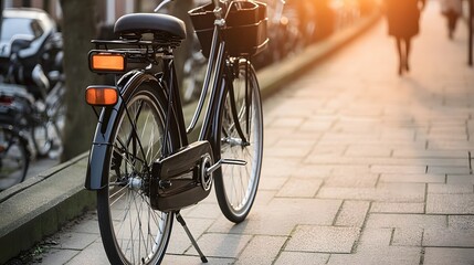 Obraz premium Classic bicycle parked on a city sidewalk.