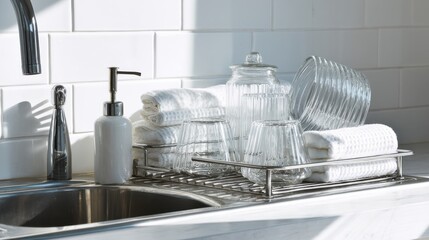 Kitchen Sink With Clean Glassware And Towels On Drying Rack. Modern Kitchen Organization And Cleanliness