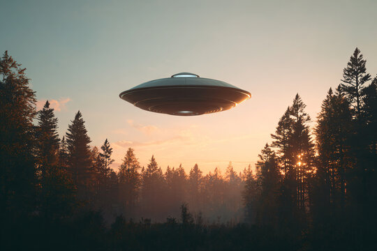 a flying object in the sky over a forest