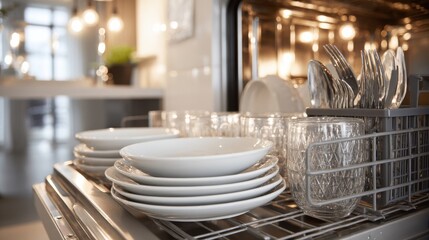 Open Dishwasher With Clean Dishes In Modern Kitchen. Efficient Kitchen Appliance For Convenient Dishwashing