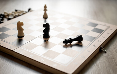 White chess knight piece and other pieces on chessboard during the game