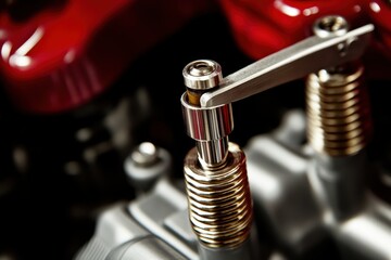 Detailed Close-Up of Engine Components with Red Accents and Shine