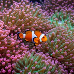 Clownfish swimming among sea anemones in a colorful coral reef