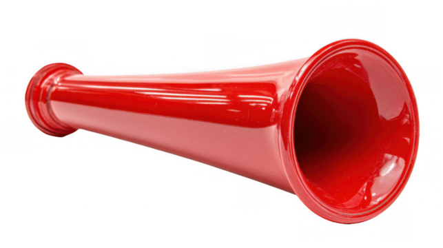 Shiny red vuvuzela horn isolated on transparent background, representing sporting events, celebrations, and fan enthusiasm, perfect for adding a festive touch to designs - Powered by Adobe