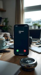Smartphone displaying unknown caller on screen in modern workspace  