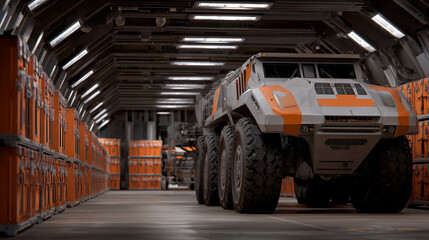 Large-scale underground weapons depot with organized aisles of heavy equipment, explosive storage cabinets, and advanced security systems lining the walls