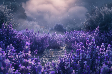 Fototapeta premium Mystical lavender field at dusk with a dreamlike atmosphere, illuminated by soft sunlight filtering through ethereal clouds.