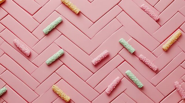 Colorful treats arranged on a herringbone pattern background
