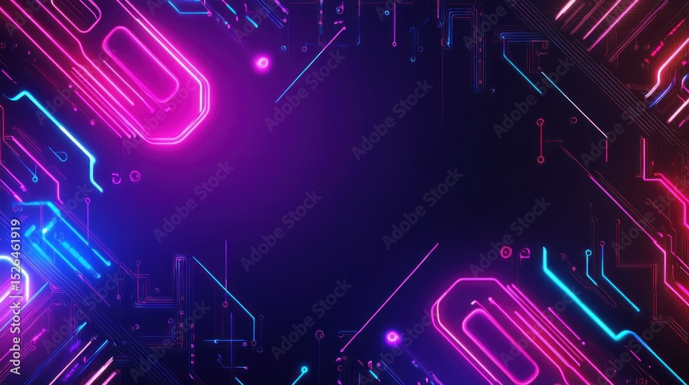 Poster neon circuit pattern with empty space in the middle for customizable text or graphics, background wa