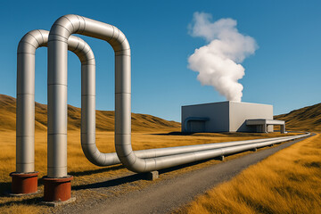 geothermal power plant harnesses Earth natural heat, converting it into sustainable energy. Steam rises from underground sources, illustrating innovation in renewable power and eco-friendly technology