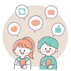 SNSを楽しんでいる制服姿の学生のイラスト