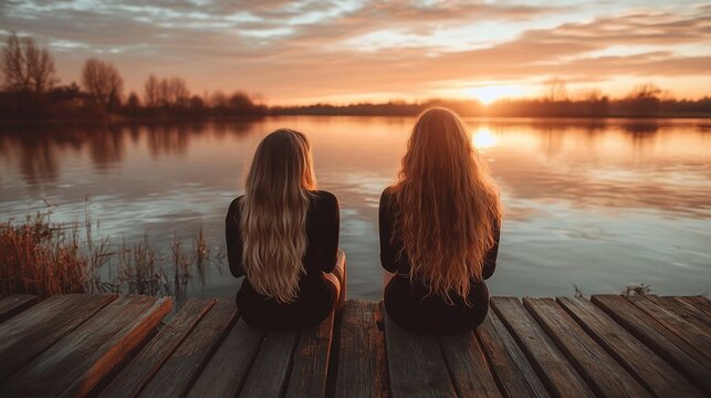 Two figures on a dock watch a scenic sunset over calm water with distant trees