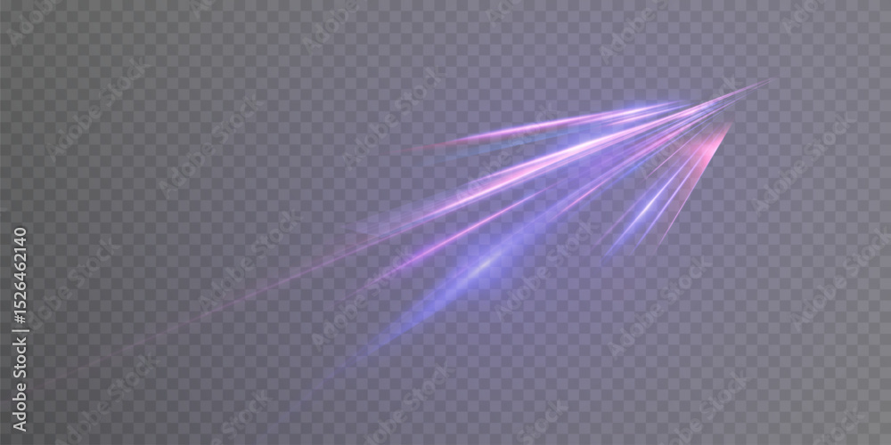 Poster Transparent pink-violet rays of light create a feeling of acceleration, movement of the light flow. The energetic flow of light is suitable for the theme of speed, acceleration, racing theme.