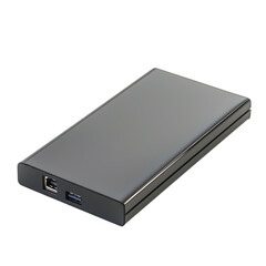 Fototapeta premium A sleek black external hard drive, isolated on transparent background, displays its usb ports