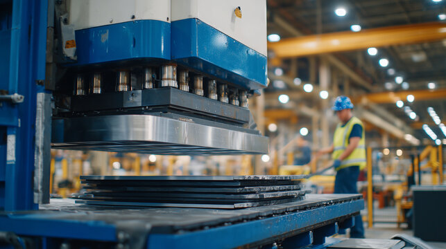 Wide shot of a metal stamping press in action, large sheets of steel being shaped into precise parts, industrial workers overseeing the production