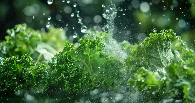 Water splashing on a generic salad with a green background