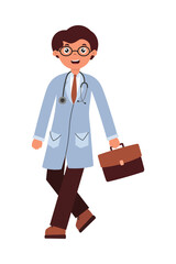 Doctor character walking with a briefcase in a professional outfit in a cartoon style, showcasing a friendly demeanor. Vector isolated illustration in flat style on white background.