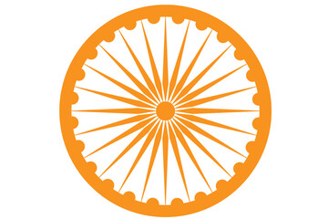 Wheel with spokes vector icon. Ashoka chakra in orange colour with shadows and accurate lines. Indian flag Ashoka chakra wheel in flat style. Vector illustration