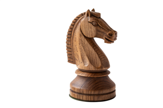 Wooden knight chess piece close up view isolated on transparent background