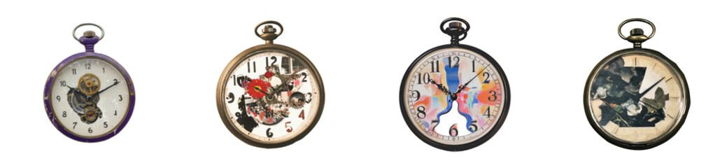 Four vintage pocket watch timepieces, diverse dial faces, cut out transparent