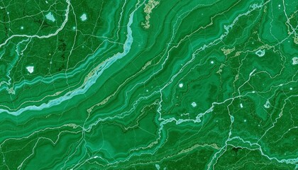 Green malachite stone close up, showing a swirling, banded pattern with varying shades of green and white veins