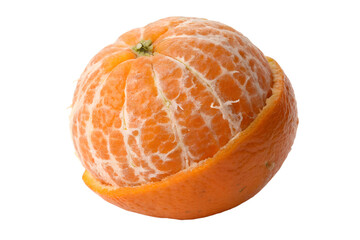 Partially peeled citrus fruit closeup isolated on transparent background