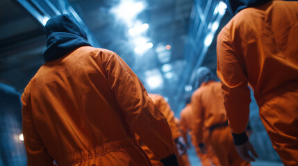 Fototapeta premium Group of prisoners from behind, dressed in orange, marching through a cold, gray prison hallway, harsh fluorescent lights casting long silhouettes on the concrete walls