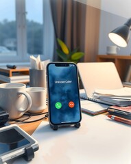 Phone screen with unknown caller in office workspace during daytime  