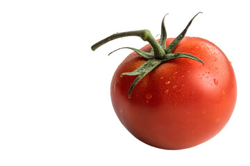 A single ripe tomato with green stem isolated on transparent background