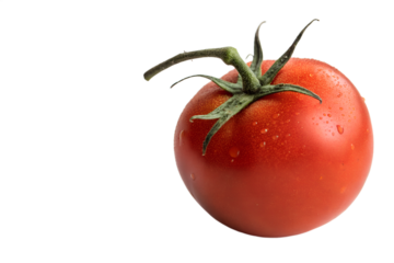 A single ripe tomato with green stem isolated on transparent background