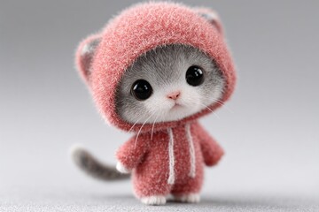 Adorable kitten in fuzzy red hoodie on gray background