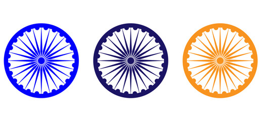 Wheel with spokes vector icon. Ashoka chakra in navy blue, orange, green and black colour with shadows and accurate lines. Indian flag Ashoka chakra wheel in flat style. Vector illustration