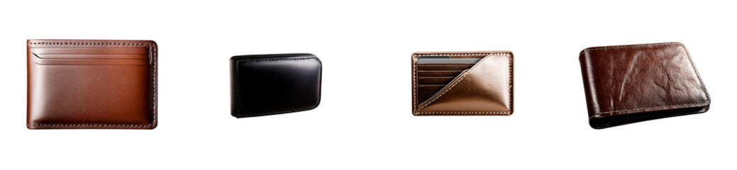 Leather wallets in various designs and colors, cut out transparent