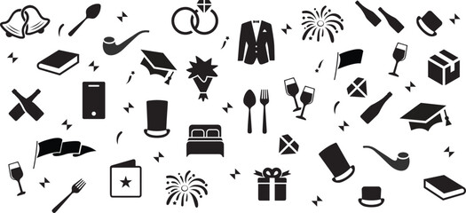 A vibrant collection of Mardi Gras-themed outline icons in black and white.