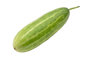 A single fresh green striped cucumber isolated on transparent background