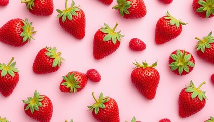 Strawberries pattern. Vibrant red berries scattered on a solid pastel pink backdrop create a sweet, summery aesthetic