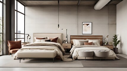 Modern loft-style bedroom with industrial chic elements and urban sophistication