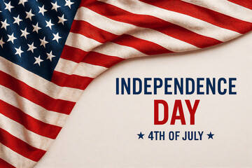 Waving American flag and bold text “Independence Day - 4th of July”. Patriotic celebration background for United States holiday.