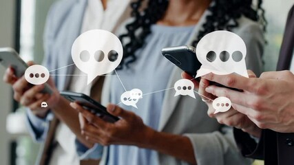 Professional colleagues networking, sharing messages on smartphones, emphasizing digital communication and connectivity in contemporary business environment