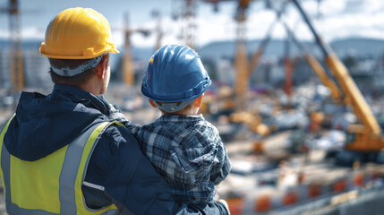 Young boy sits on his dadâs shoulders as they wear matching construction uniforms, surveying a busy construction site with cranes, trucks, and teamwork around