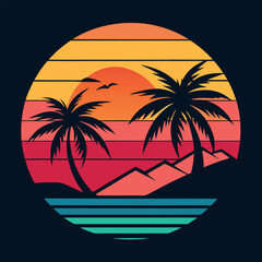 Obraz premium Retro sunset scene with palm trees over the ocean perfect for summer vacation design