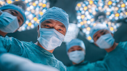 Focused surgeon leans over patient under bright surgical lights, hands precise and steady, surrounded by masked medical team in green scrubs