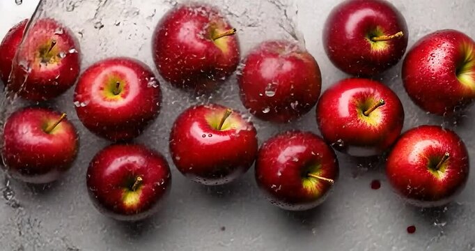 The image displays a close-up shot of rows of red apples against a dark background, studio shot with many apples on white. There's also a close-up shot of a single apple, isolated on a flat lay. The