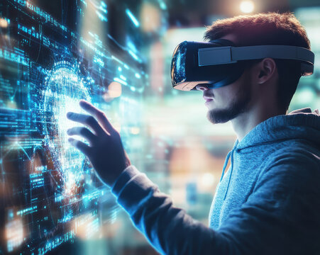 Young man using VR headset interacting with digital hologram interface