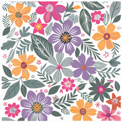 Colorful floral seamless pattern with various stylized flowers and foliage on a white background