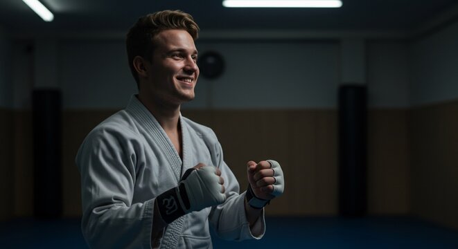 Smiling martial artist in training space - Powered by Adobe